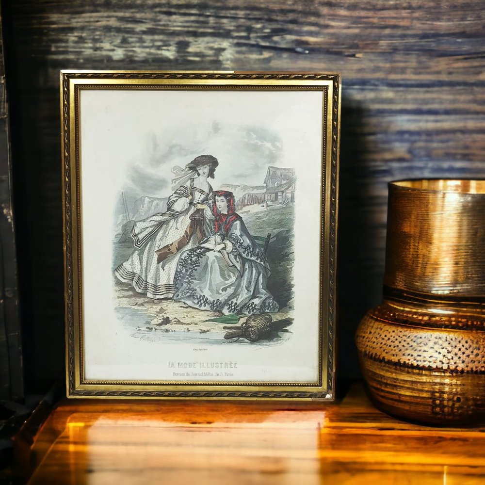 Vintage La Mode Illustree Framed Art Bureaux du Journal 56 Rue Jacob Paris 1862